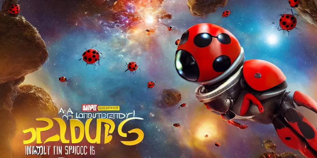 Image similar to a 3 d rendered movie still a ladybug descendant 1 million into the future. the ladybug is sentient, wears a spacesuit, and explores cosmos in a super awesome space ship. science fiction blockbuster movie ladybugs rule the world or my stepmom is a ladybug from the future, imax 7 0 mm. gaurdians of the galaxy.