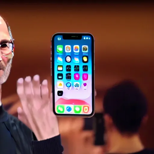Prompt: steve jobs presenting iphone 1 9 fold x type kappa ultra pro max, a dimly lit stage, ultra realistic, 8 k, canon 3 5 mm portrait photography