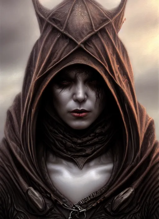 Image similar to closeup portrait shot of a hooded vampire in a scenic dystopian environment, intricate, elegant, highly detailed, centered, digital painting, artstation, concept art, smooth, sharp focus, illustration, artgerm, tomasz alen kopera, peter mohrbacher, donato giancola, joseph christian leyendecker, wlop, boris vallejo