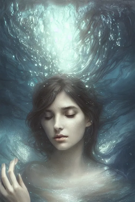 Prompt: meditation deep in dark murky water!!!, underwater atmospheric mood, asleep and dreaming! cinematic volumetric lights, bust portrait, dnd, fantasy, intricate, elegant, highly detailed, digital painting, artstation, concept art, smooth, sharp focus, illustration, art by artgerm and tom bagshaw and greg rutkowski and alphonse mucha