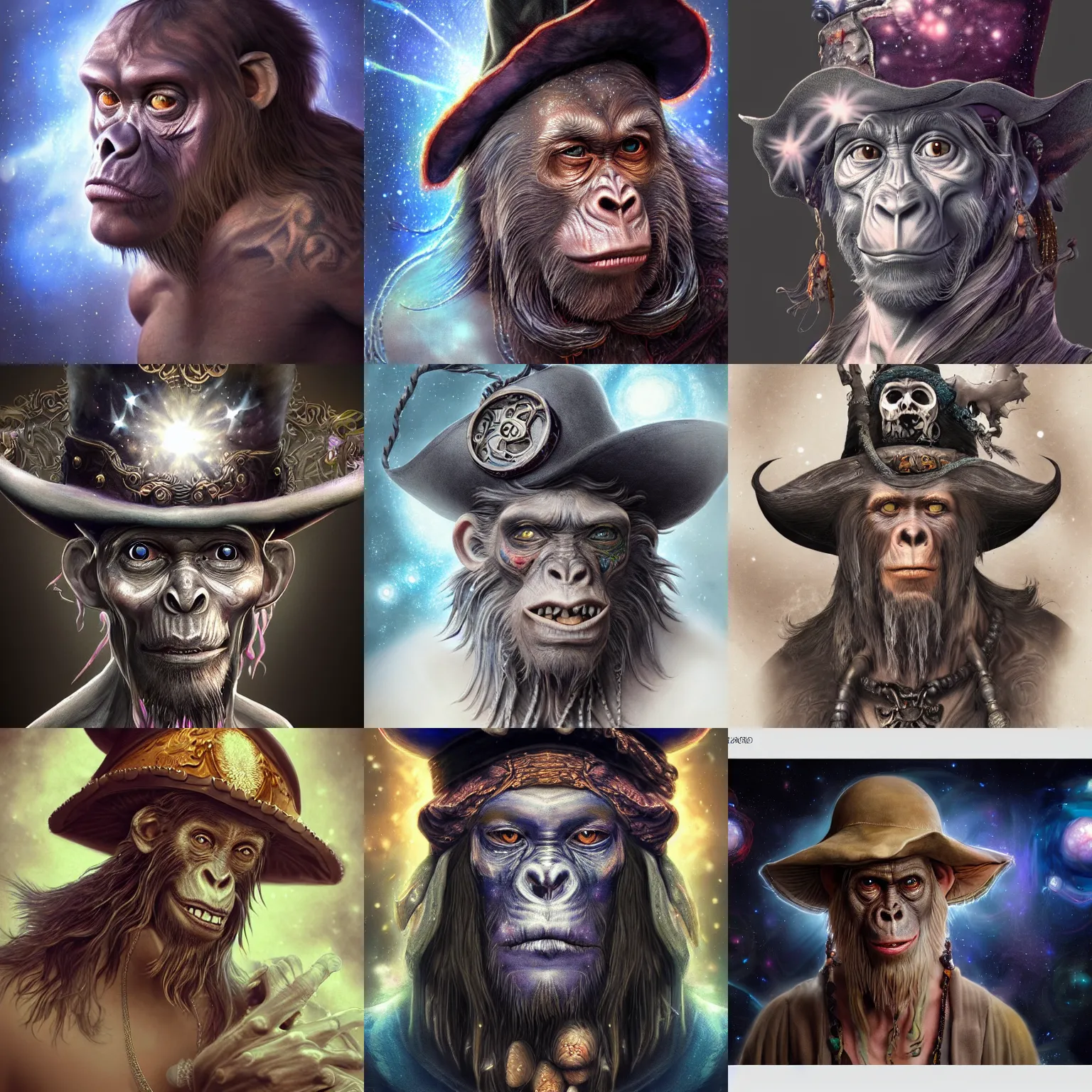 Prompt: a wlop 3 d render of very very very very highly detailed beautiful mystic portrait of a young ghost ape pirate in a hat with whirling galaxy around, tattoos by anton pieck, intricate, extremely detailed, digital painting, artstation, concept art, smooth, sharp focus, illustration, intimidating lighting, incredible art,