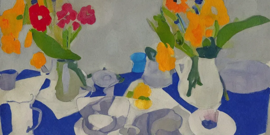 Prompt: flowers in jug, notebook, spoon on a table, still life on a table in the style of ivon hitchens, ben nicholson and winifred nicholson. oil painting, drawing,