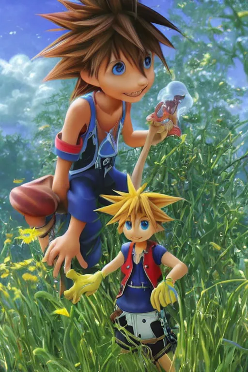 Prompt: sora from kingdom hearts, wavy hairstyle, highly detailed, in a magical lush field of overgrown plants, goofy and Donald Duck blurred in the background, digital painting, artstation, concept art, smooth, sharp focus, illustration, cinematic lighting, art by artgerm and greg rutkowski and alphonse mucha