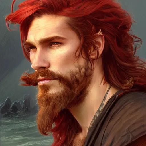 Prompt: portrait of a young ruggedly handsome but charming pirate, male, masculine, upper body, red hair, long hair, d & d, fantasy, soft lips, intricate, elegant, highly detailed, digital painting, artstation, concept art, matte, sharp focus, illustration, art by artgerm and greg rutkowski and alphonse mucha