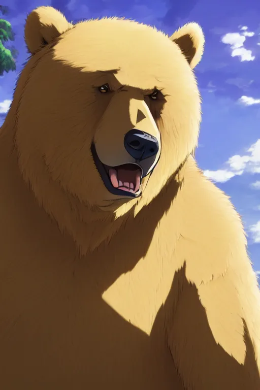 Image similar to overweight brown bear with noticeable muscle, fursona, anthro, male, detailed fur, anime key visual, makoto shinkai, portrait