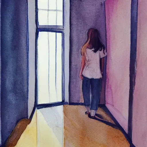 Image similar to person in pyjamas standing near window, sun rays, daylight, big french door window, big spatious room, 2 4 mm, wooden floor, modern, pastel palette, winter sun, photorealistic, high ceiling, watercolor painting