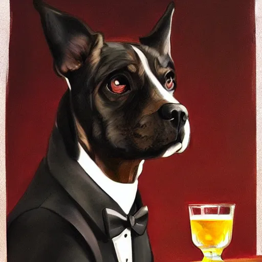 Image similar to a beautiful illustration painting of a dog in a tuxedo drinking whiskey in a dimly lit bar by Jerome Opeña featured on artstation, studio lighting, photorealistic digital art