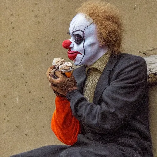 Image similar to uhd closeup of a sad clown on sitting a ledge eating ice cream in the style of tonalism