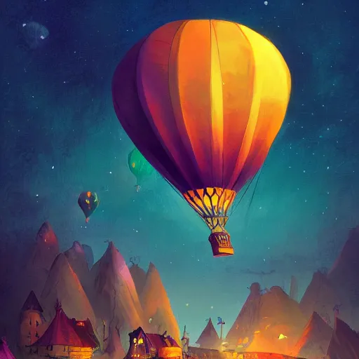 Image similar to a beautiful colorful stunning fantasy whimsical matte digital storybook concept illustration of a night - time hot - air balloon race by marc simonetti and anato finnstark, disney, magical bokeh moon stars, trending on artstation hq, masterpiece