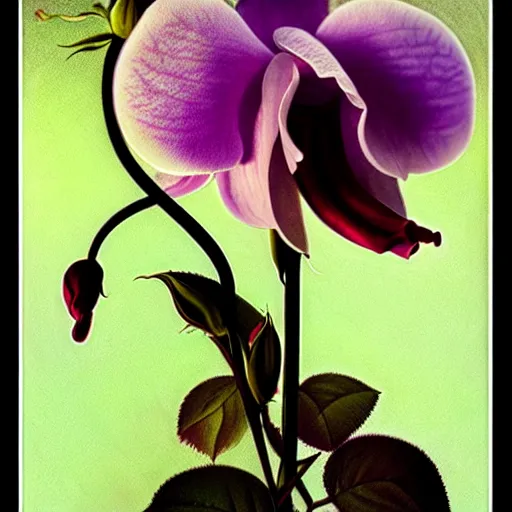 Prompt: detailed surreal orchid rose, transparent dew, backlit, sunset, refracted lighting, photorealistic, soft, sharp focus, art by collier, albert aublet, krenz cushart, artem demura, alphonse mucha