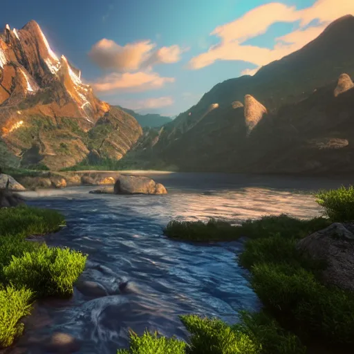 Prompt: hybrid of tiger and dragon, majestic, mountain and river in background, deviantart, global illumination radiating a glowing aura global illumination ray tracing hdr render in unreal engine 5