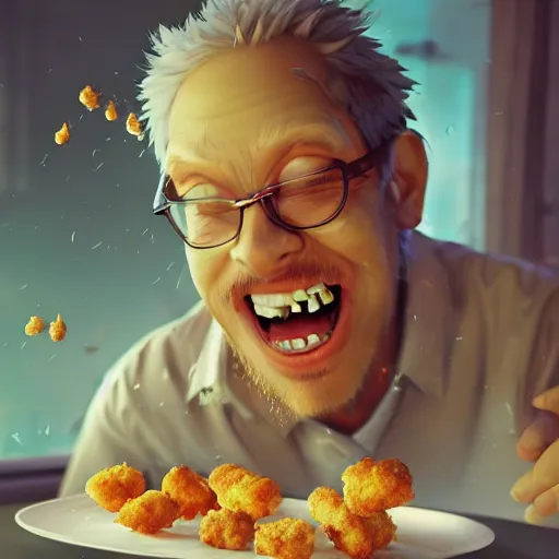 Prompt: a mad scientist in his back yard laughing happily at the chicken nuggets which are falling from the sky , made by Stanley Artgerm Lau, WLOP, Rossdraws, ArtStation, CGSociety, concept art, cgsociety, octane render, trending on artstation, artstationHD, artstationHQ, unreal engine, 4k, 8k,