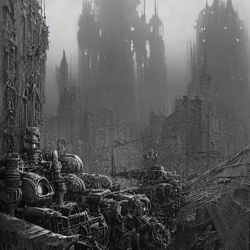 Image similar to a beautiful hyperrealistic ultradetailed matte painting of dieselpunk war machines, by James Stokoe and harry clarke and Zdzisław Beksiński and Jakub Rozalski, war theatre, dark, realistic, smog, black smoke, oil, machine parts, dystopian, insane details, peter mohrbacher, intricate, mecha, embers, trending on artstation, volumetric lighting, smog, micro details, HD wallpaper, 8k