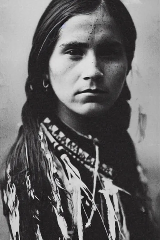 Image similar to “Photo of Native American indian woman Emma Watson, portrait, skilled warrior of the Chiricahua Apache, Lozen was the sister of Victorio a prominent Chief, showing pain and sadness on her face, ancient, realistic, detailed, emma watson”