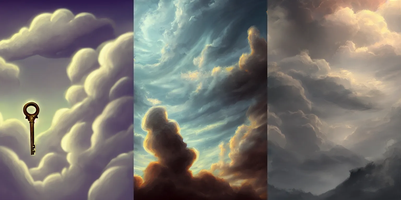 Prompt: Clouds, shape of a key. Fantasy, digital painting, HD, 4k, detailed, artwork.