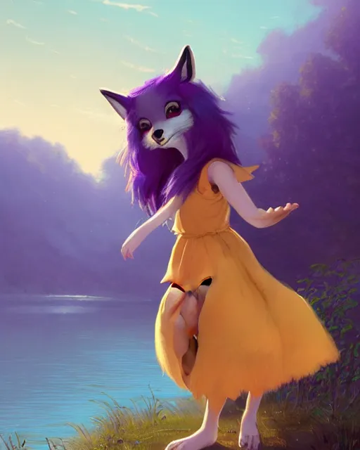 Image similar to an anthropomorphic fox girl with purple hair wearing a simple yellow sundress, she has a pronounced snout and two pointed black ears, beautiful lake background, illustration by greg rutkowski, thomas kindkade, loish, artstation, furaffinity, deviantart