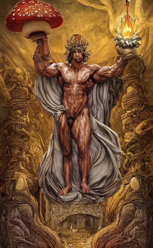 Image similar to a masterpiece hyperdetailed dnd tarot card full body portrait, magnificent mushroom deity as depicted in a colossal marble statue ( with godlike bodybuilder physique ) made by ancient greeks, hd tarot card depicting monumental statue of a dignified mushroom god with cute large mushroom hat, golden norse runes in the background, hdr, 8 k, artstationhq, digital art