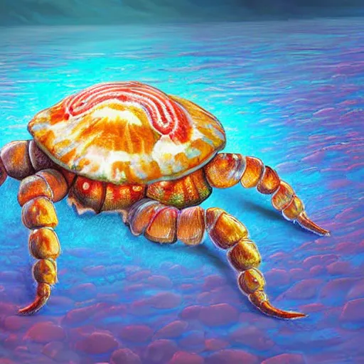 Prompt: liberty maximalist elaborate photorealistic interesting fantasy fantastic hermitcrab paguroidea on the ocean ground. seen from the distance. childrenbook scientific illustration in soft natural tones. dreamy hyperrealistic textures. hd hyperdetailed octane. matte paper background. in the style of ulriko - e and botticelli