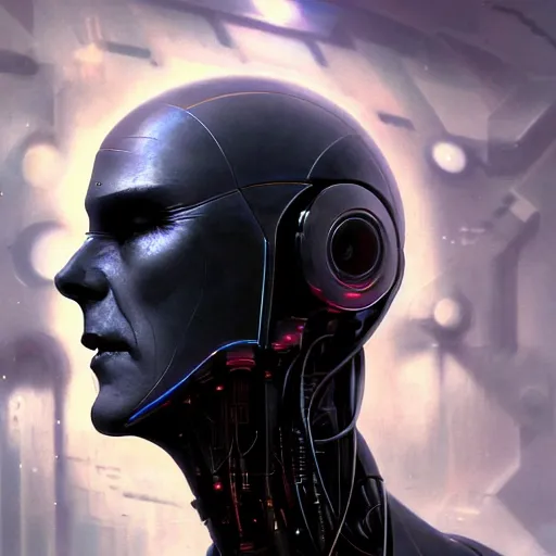 Image similar to dark digital concept art portrait of a high - tech robot on a depth of field background, artstation, award - winning realistic sci - fi concept art by jim burns and greg rutkowski, beksinski, a realism masterpiece, moody color palette, james gilleard, bruegel, alphonse mucha, and yoshitaka amano