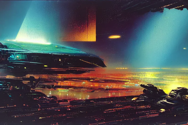 Image similar to C-beams glittering in the dark near the Tannhäuser Gate by john harris and john berkey, matte, masterpiece, atmospheric, wide angle shot