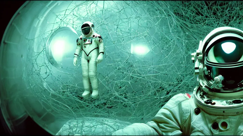 Image similar to a cybernetic symbiosis of a single astronaut eva suit swimming in infected with diamond 3d fractal lace iridescent bubble 3d skin covered with insectoid compound eye camera lenses floats through the living room, film still from the movie directed by Denis Villeneuve with art direction by Salvador Dalí, wide lens,