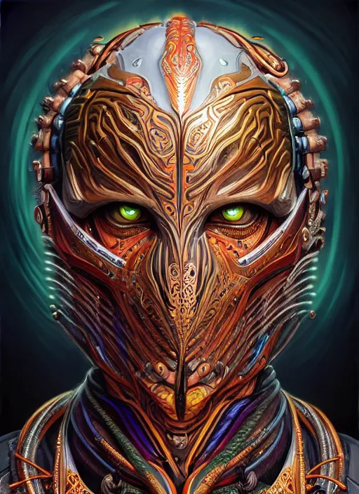 Image similar to hyper detailed ultra sharp tribal biomechanical warrior trance man portrait, trending on artstation, warpaint tattoo aesthetic, earthwave, colorful, psychedelic, ornate, intricate, digital painting, concept art, smooth, sharp focus, illustration, art by artgerm, edmund leighton, greg rutkowski, h. r. giger, 8 k