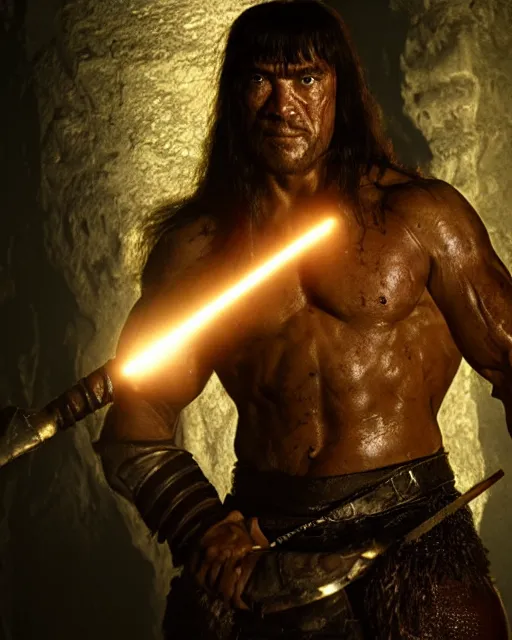 Image similar to closeup Photo of Conan the Barbarian in a torchlit dungeon, rim lighting, octane, Natasha Tan, Maciej Kuciara, Edgar Rice Burroughs,