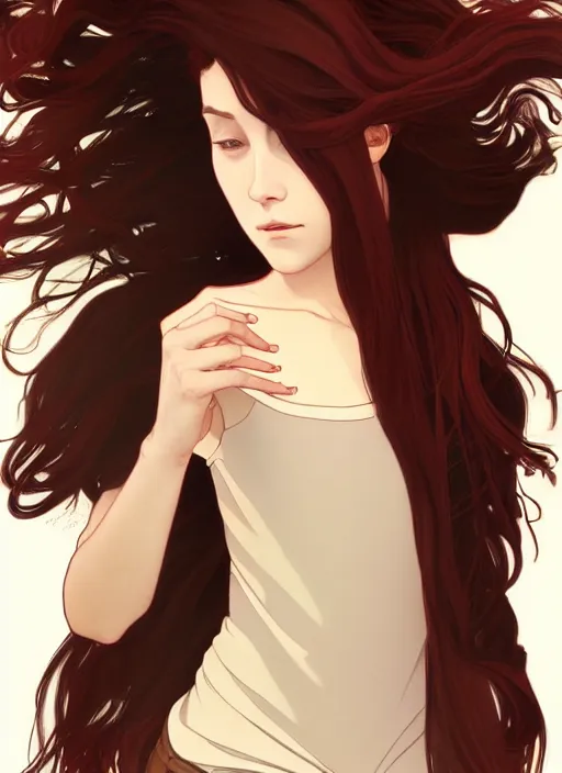 Prompt: pretty young woman with shoulder length dark red hair and wearing brown leather jacket, path traced, highly detailed, high quality, digital painting, by studio ghibli and alphonse mucha, leesha hannigan, makoto shinkai, disney