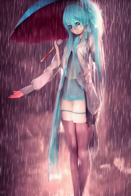 Image similar to hatsune miku in the rain under an umbrella, by wlop, concept art, poster