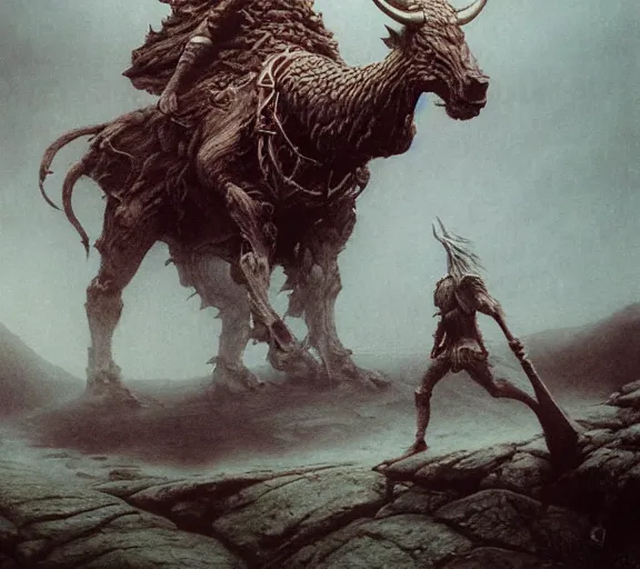 Image similar to minotaur concept, beksinski, wayne barlowe, adrian smith fantasy art, the hobbit art, lord of the ring art, the witcher concept art, trending on artstation, game of throne art