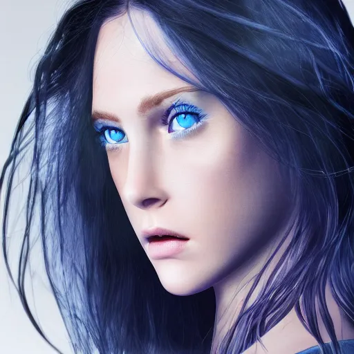 Image similar to album cover, girl with blue eyes, long dark hair, turned head to face camera from behind, 8K, volumetric lighting, highly detailed, immaculate scale, hyper-realistic