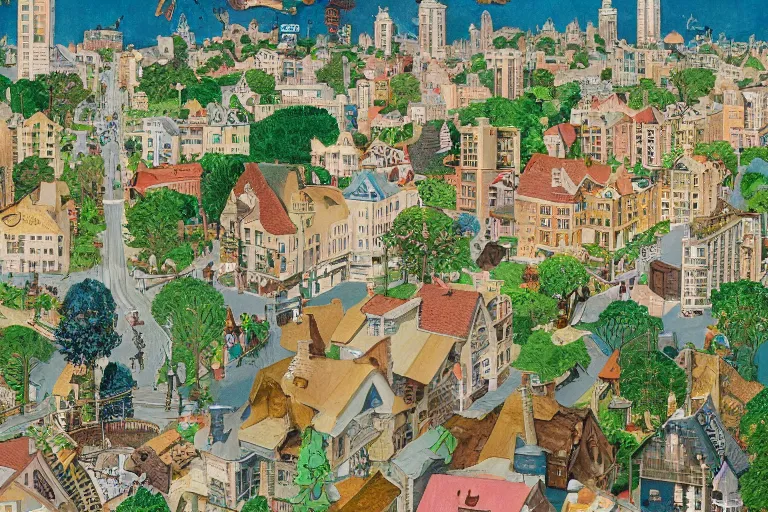 Prompt: an elaborate and dense painting of a peaceful neighborhood, detailed, made of alcohol ink on parchment and penned illustrations, by wes anderson and bosch and geoff darrow