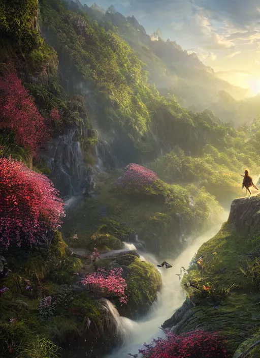 Image similar to a fairy flying in the distance in a lord of the rings scenery landscape, a vast lush valley flowers and wood structures, stream, sunrise, god's rays highly detailed, vivid color, cinematic lighting, perfect composition, 8 k, gustave dore, derek zabrocki, greg rutkowski, belsinski, octane render