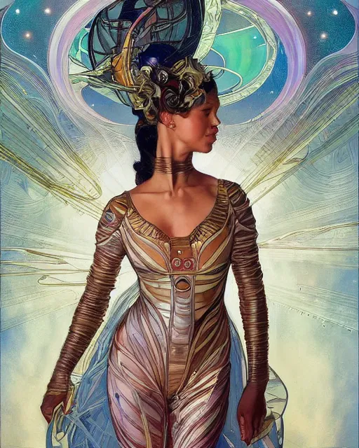 Image similar to portrait of actress Krys Marshall wearing a space suit, intricate, elegant, highly detailed, centered, digital painting, artstation, concept art, smooth, sharp focus, illustration, art by android jones and donato giancola and alphonse mucha