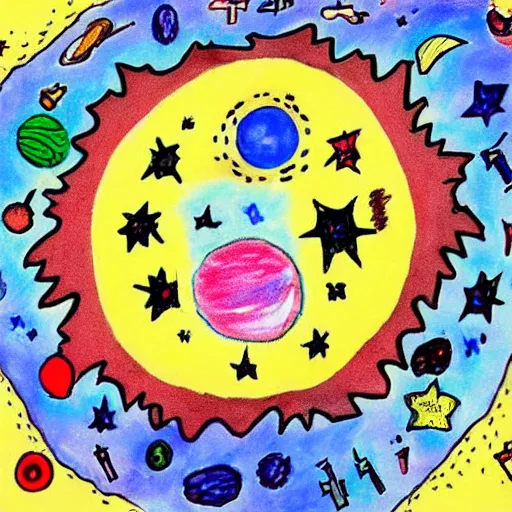 Prompt: childrens drawing of life the universe and everything,