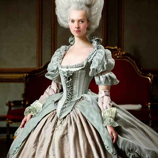 Image similar to marie antoinette wearing regency dress, wow 4 k detail fantasy, matte painting, realistic materials, photo realistic, postprocessing, cinematic, hyperrealistic, studio lighting, ekaterina, the tudors, photography by richard jenkins