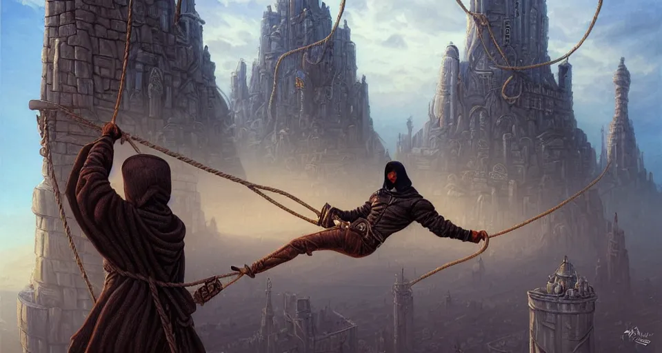 Prompt: landscape painting of a hooded thief in leathers using a rope to climb a tall building with a fantasy city with airships, fine details, magali villeneuve, artgerm, rutkowski