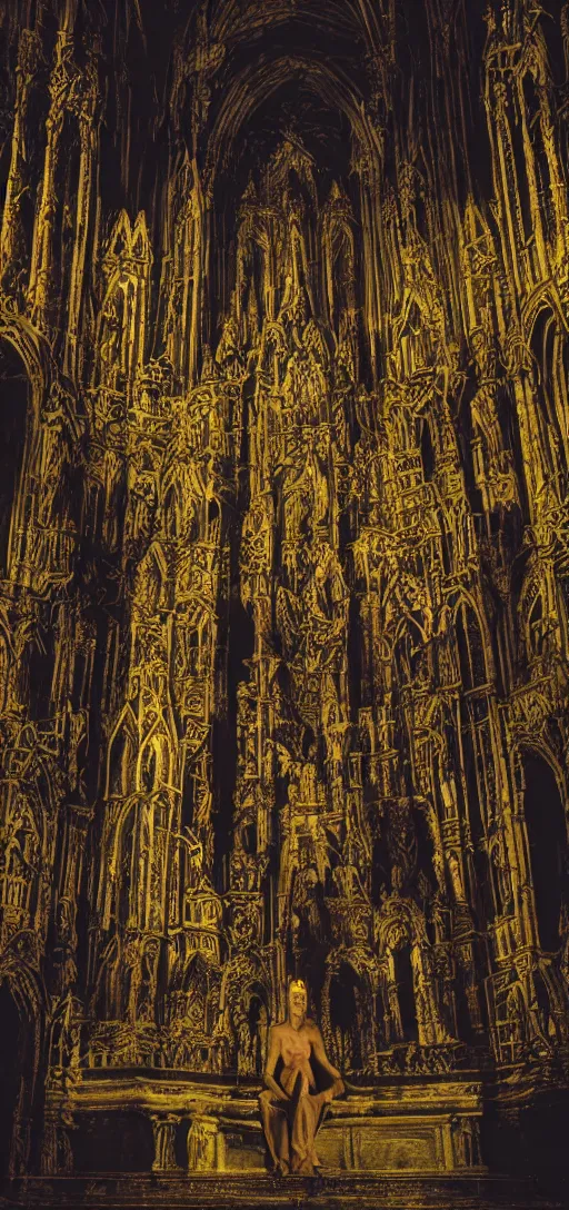 Image similar to a tall pale humanoid being sitting upon an ornate stone throne, 4K, digital art, horror, dramatic, wearing a long yellow rotting garment, dark, hyperrealistic, perspective, complex black church background with volumetric lights coming in through cathedral windows,