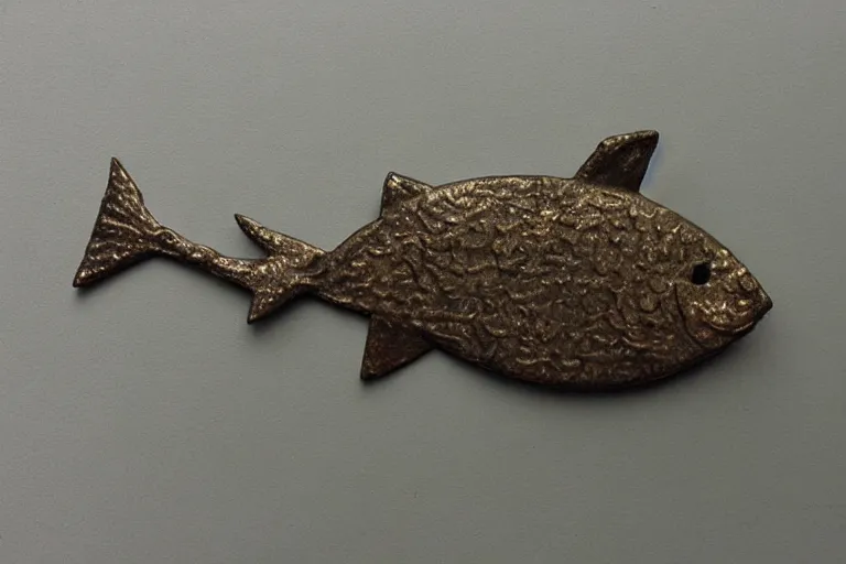 Prompt: slightly cartoony fish made out of a flat piece of bronze textured with a hammer to produce scales