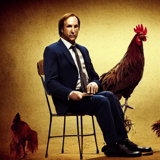 Image similar to saul goodman and a rooster in a saw movie torture chamber, saw movie jigsaw background, saul goodman, rooster, photo