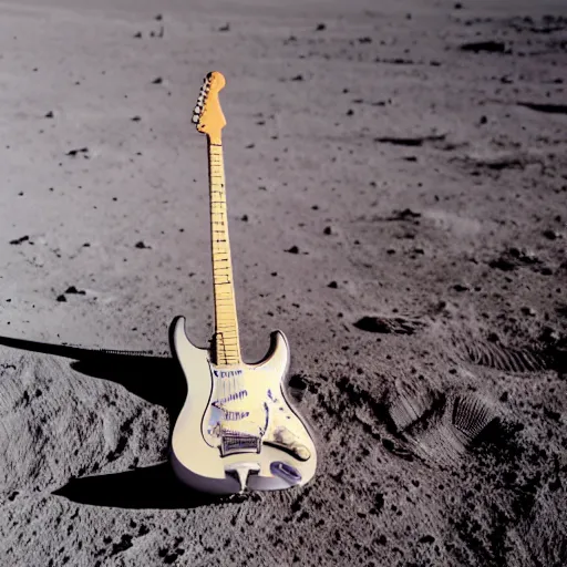 Prompt: real photo of a stratocaster electric guitar standing idle on the moon. detailed. 8k