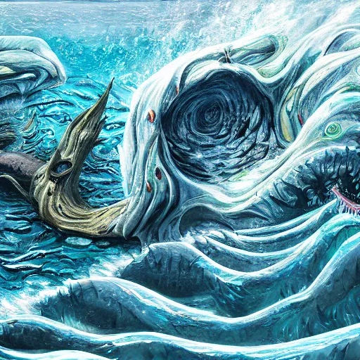 Image similar to the horrors of the deep ocean, painting, 4 k, detailed