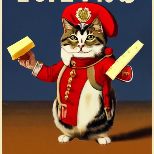 Image similar to a propaganda poster depicting a cat dressed as french emperor napoleon holding a piece of cheese, trending on artstation