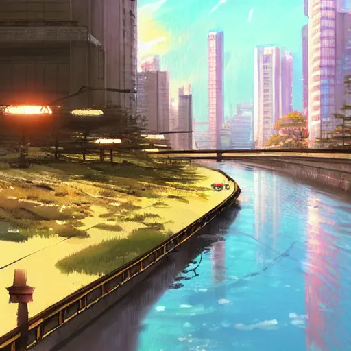 Prompt: Osaka River, Anime concept art by Makoto Shinkai