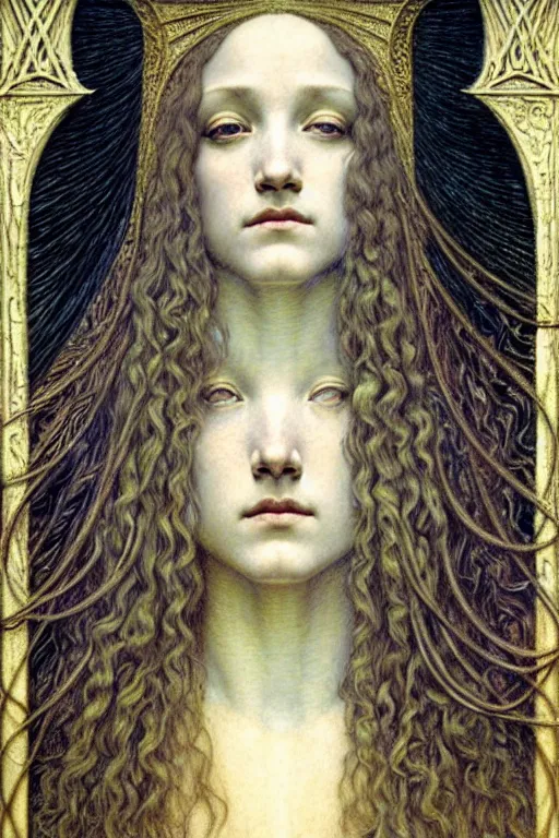 Image similar to detailed realistic beautiful young medieval queen face portrait by jean delville, gustave dore and marco mazzoni, art nouveau, symbolist, visionary, gothic, pre - raphaelite. horizontal symmetry