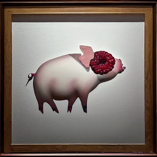 Image similar to “pig paintings and pig sculptures in a pig art gallery, pork, ikebana white flowers, white wax dripping, squashed raspberry stains, acrylic and spray paint and oilstick on canvas, by munch and Dali”