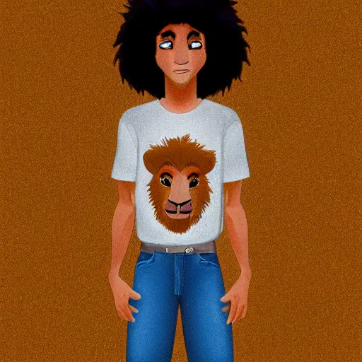 Prompt: a full-height portrait from afar of Simba form the Lion King look like an ordinary human boy with beautiful hair and the head of the lion, wearing a white T-shirt and blue jeans, humanisation, digital art style