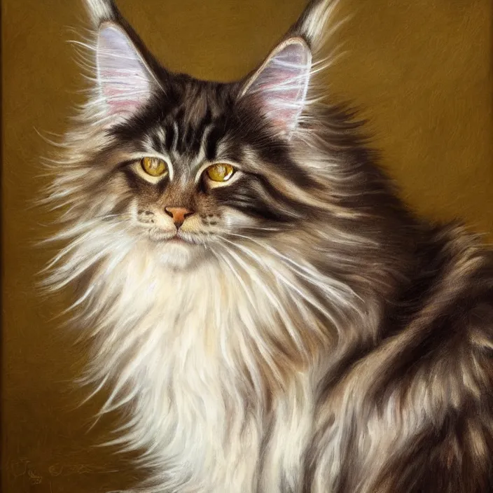 Prompt: A realistic renaissance oil painting of a Maine Coon cat, bi-colored with white and ginger fur, pale yellow eyes, portrait