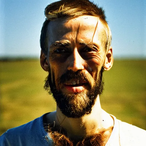 Image similar to far view, extremely skinny malnourished kremlin dictator with long beard, wearing dirty overalls, dirty greasy face, grin, portrait, close up, kodak gold 2 0 0, 5 0 mm,