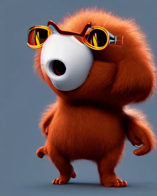 Prompt: 3 d render of completely red hairy cute antropomorphic cartoony creature wearing chrome shades, without nose, full body, in the style of pixar, white background, unreal engine 5, octane render, highly detailed hdr